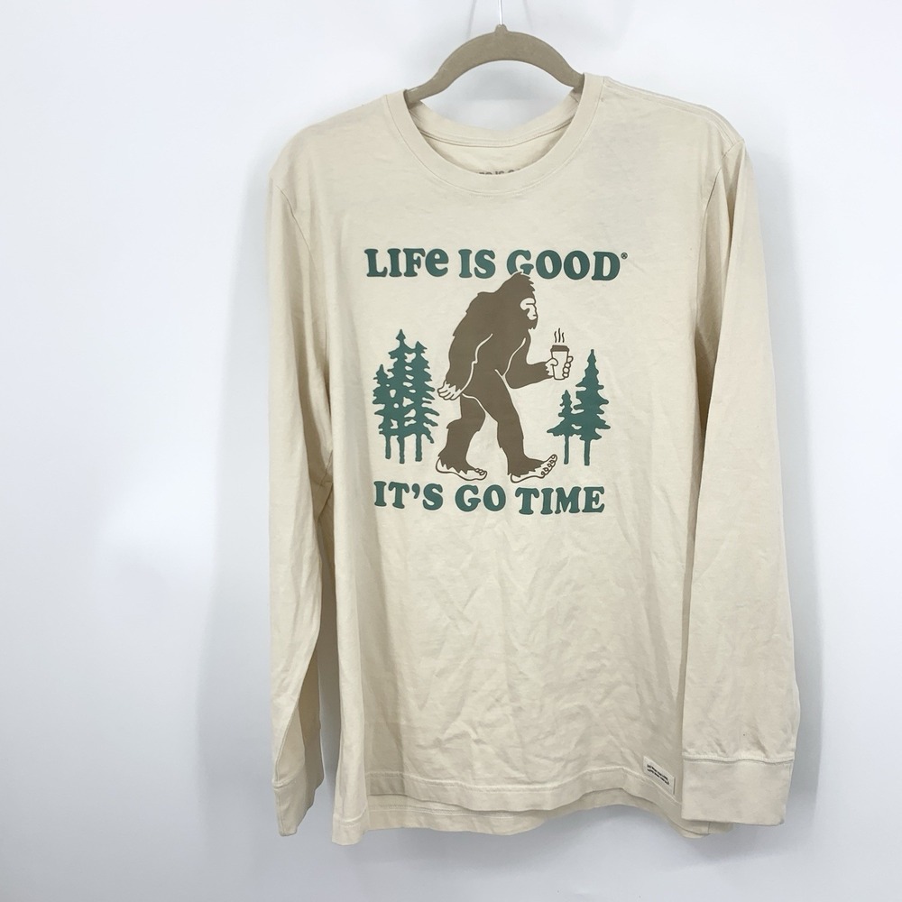 Life Is Good Men Size Medium Shirt Long Sleeve Top Yeti Big Foot Beige‎ Green
